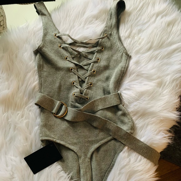 Gray laced up bodysuit with waist belt 2 (S) avail - Picture 2 of 13